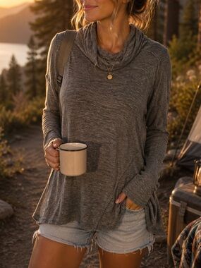 DH3 Gray Green Cowl Neck Tunic Top Size L Casual Boho Camping Cozy Lightweight